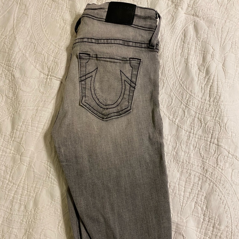Gray distressed true religion skinny jeans